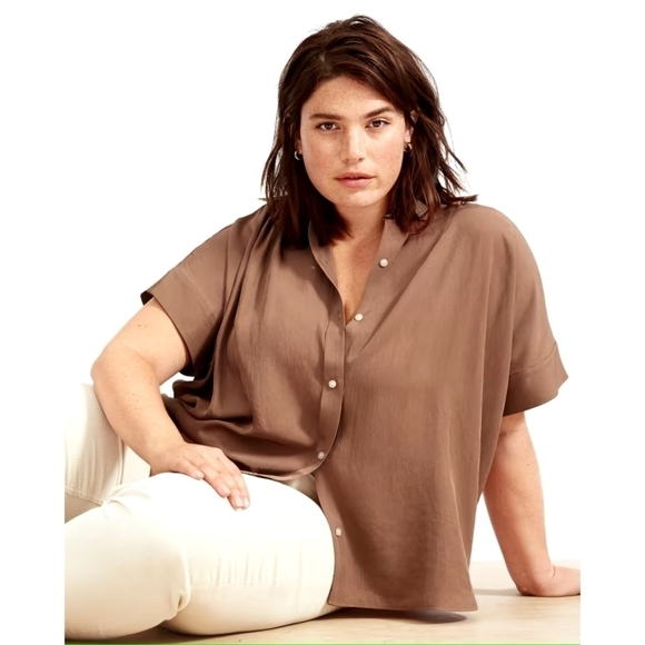 Everlane Shirt 00 2XS Women Brown Coco Button Up Short Sleeve Japanese Go Weave - Picture 16 of 16